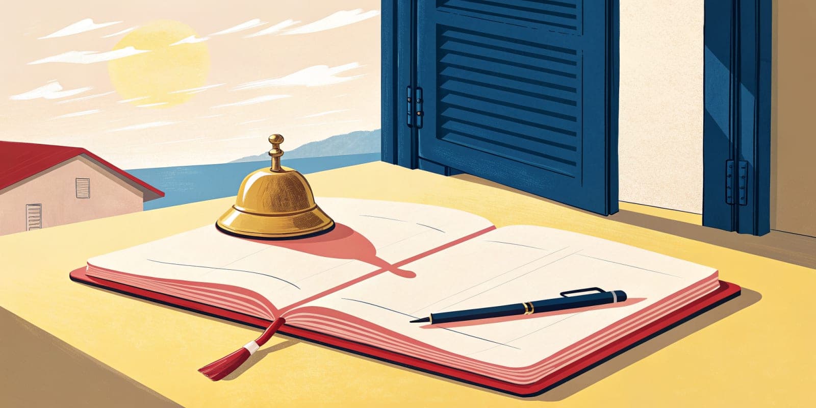 A small brass bell and a pen resting on an open notebook on a sunlit table, beside a window with shutters.