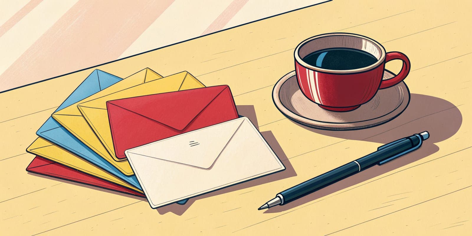 A small fan of envelopes and a pen on a sunlit table, with a red coffee cup beside them.
