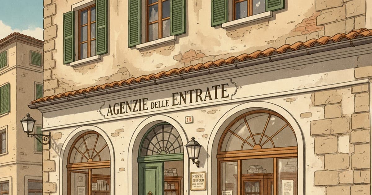Illustration of an Agenzia delle Entrate tax office storefront on an Italian street.