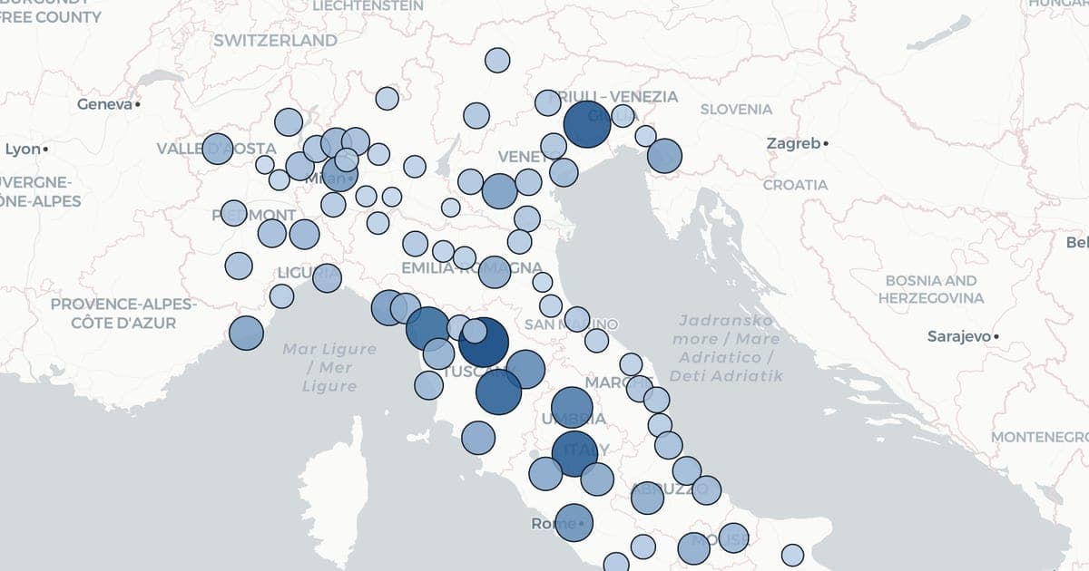 Map of Italy with dot markers sized by the American share of population in each province, concentrated around Florence, Rome and Venice.